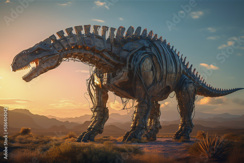 giant dinosaur tech-biology, future concept of clonning dna, horizontal layout banner with copy space, generative ai