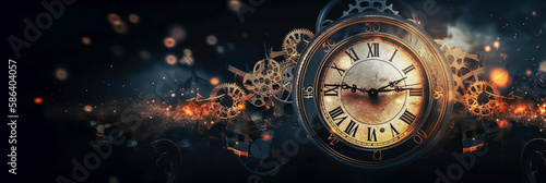 time concept, clock in horizontal layout banner with copy space, generative ai