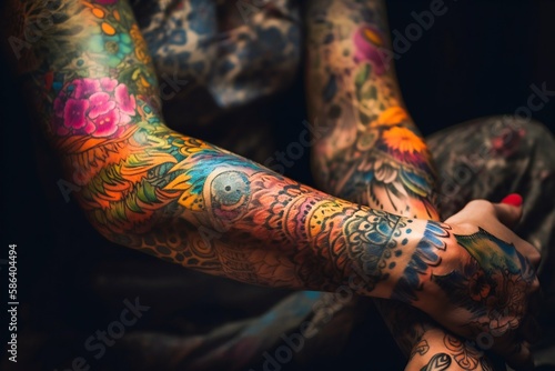 Person arm that is covered in colorful tattoos. Generative AI