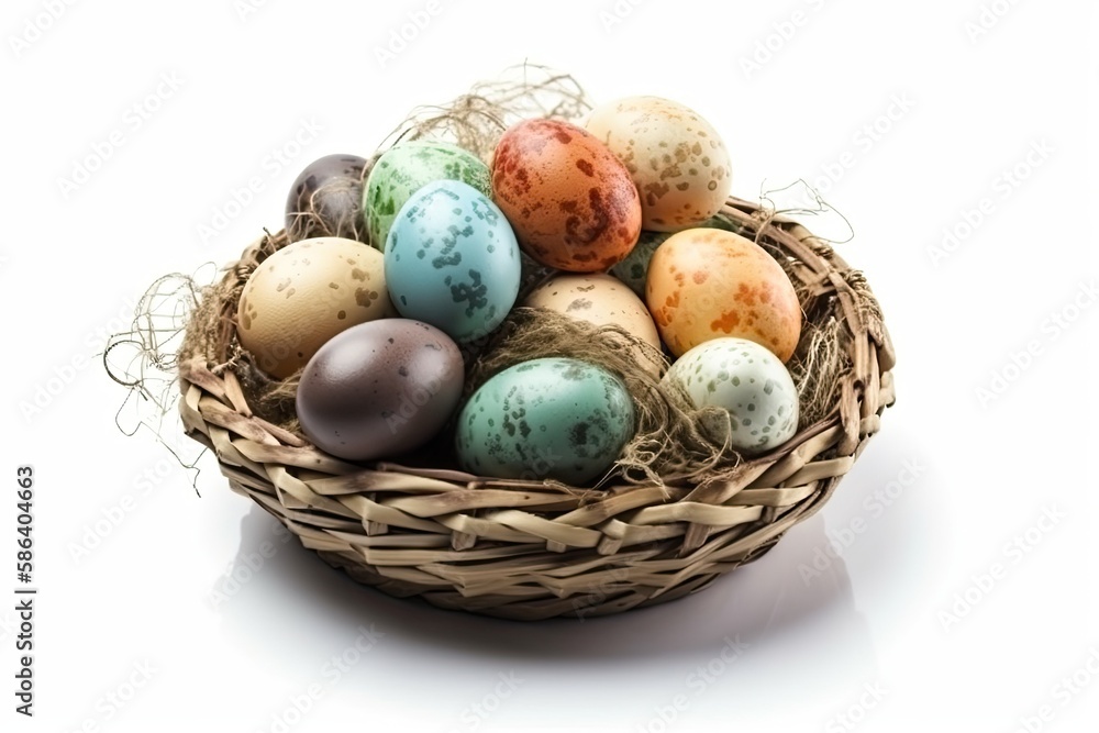 colorful Easter basket filled with eggs of various sizes and colors. Generative AI colorful Easter basket filled with eggs of various sizes and colors. Generative AI