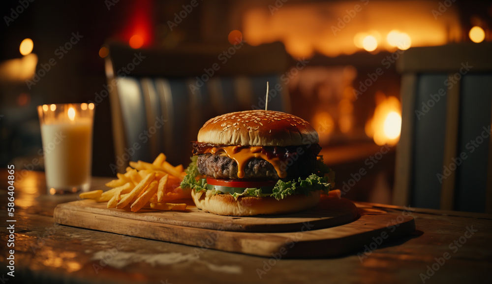 Burger with french fries on wooden table, food photography. Generative ai