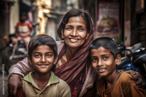 A mother and her children are sitting in a street.