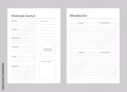 Gratitude Journal and thankful planner. Minimalist planner template set. Vector illustration. 