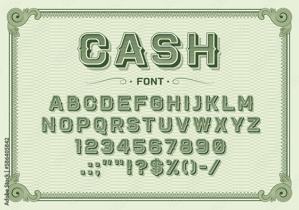 Money font, vintage type or typeface banknote alphabet, vector typography text. Dollar font or money currency retro type letters, old cash typeface of line guilloche pattern with typography symbols - obrazy, fototapety, plakaty 