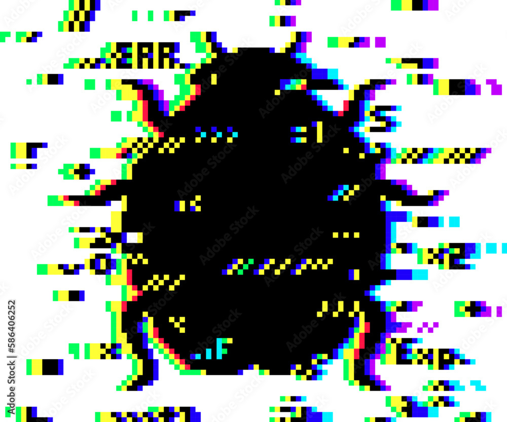 Glitch bug, vector glitched distortion effect in shape of beetle with colored random pixels. Computer program or software error, hacker attack, malware or ransomware activity or virus damage