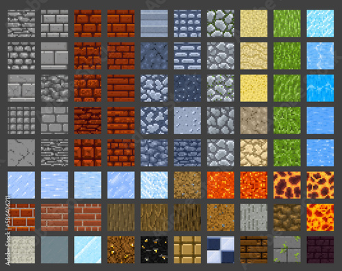 Pixel art game tile seamless patterns, vector retro 8 bit surface texture backgrounds. Stone, brick or fire lava, grass and sand desert or concrete block texture pattern tiles for game level platform