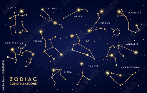Golden zodiac constellations. Vector bright gold Gemini, Taurus, Aries, Pisces and Scorpius, Aquarius, Leo, Virgo or Sagittarius, Libra, Cancer and Capricornus astronomical clusters shine in night sky