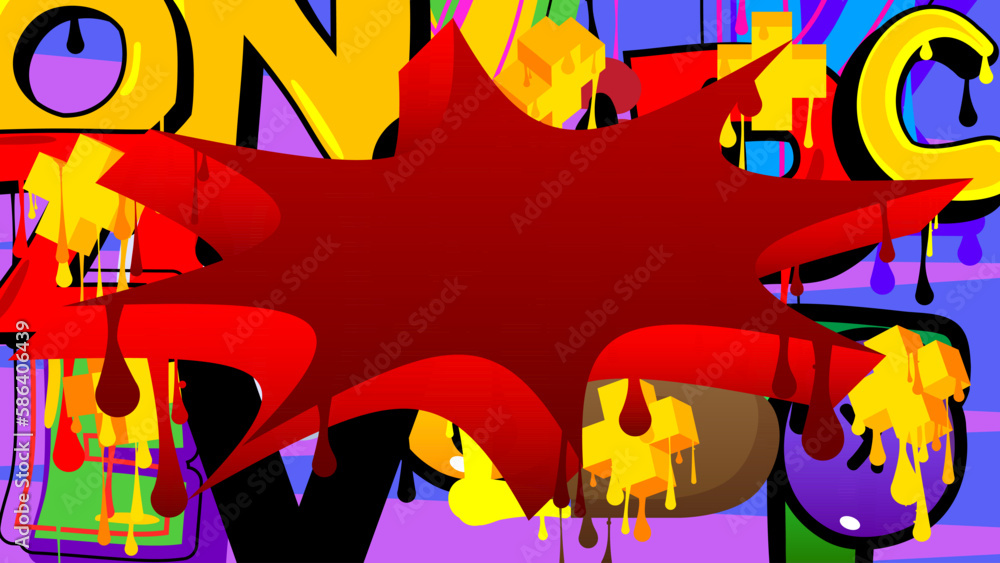 Red Speech Bubble Graffiti on multicolored Background. Abstract colorful modern dirty street art decoration performed in urban painting style.