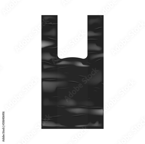 Plastic bag package mockup, isolated 3d vector black supermarket shopping vest with handles, disposable product packing mock up, template for identity or branding isolated on white background