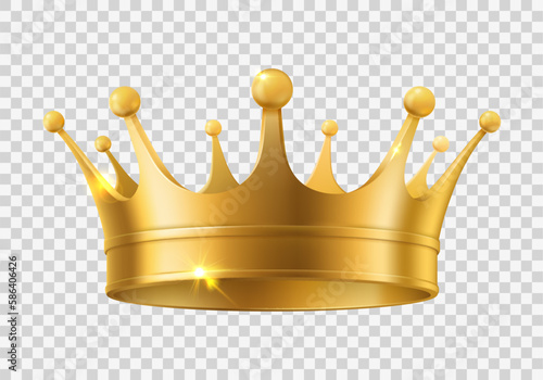 Realistic golden crown. King, queen or noble person gold headdress, monarch power or authority, medieval royalty heraldry or leadership award, victory symbol. Isolated 3d vector shiny, precious crown