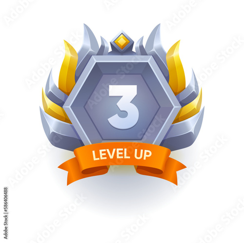 Game level up and win metal badge, isolated vector user interface gui or ui icon with number three inside of silver or iron hexagon frame with orange colored glossy ribbon. Mobile app or web element