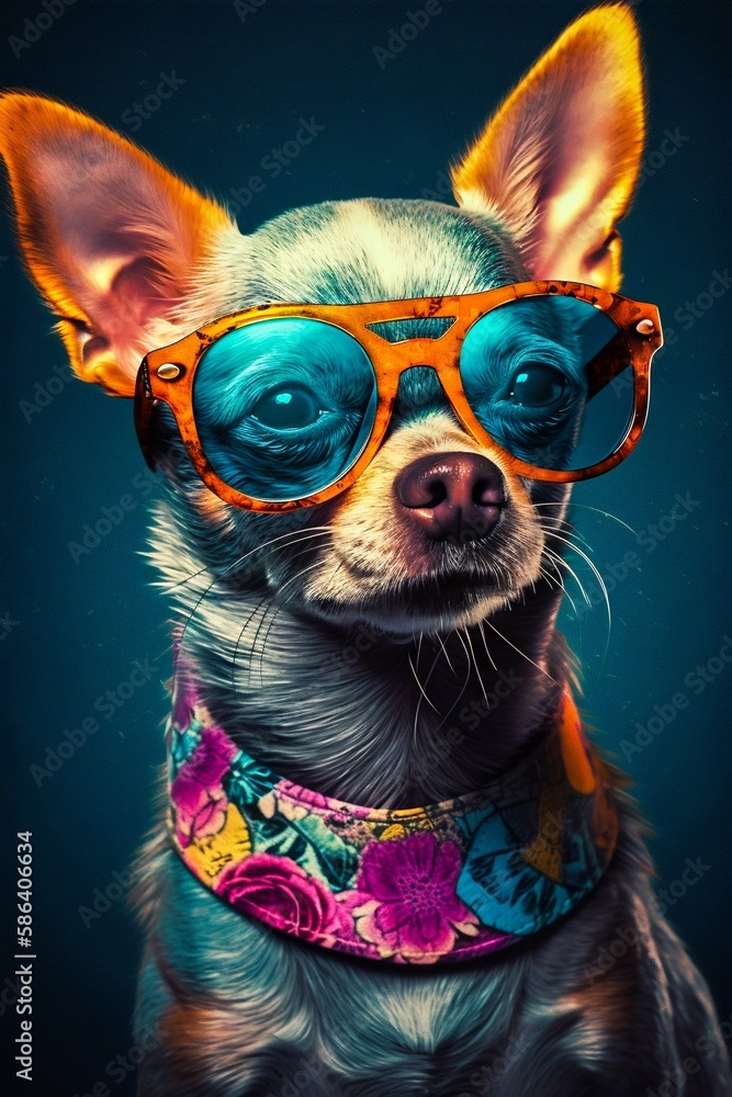Chihuahua dog wearing sunglasses with colourful clothes. Generative AI