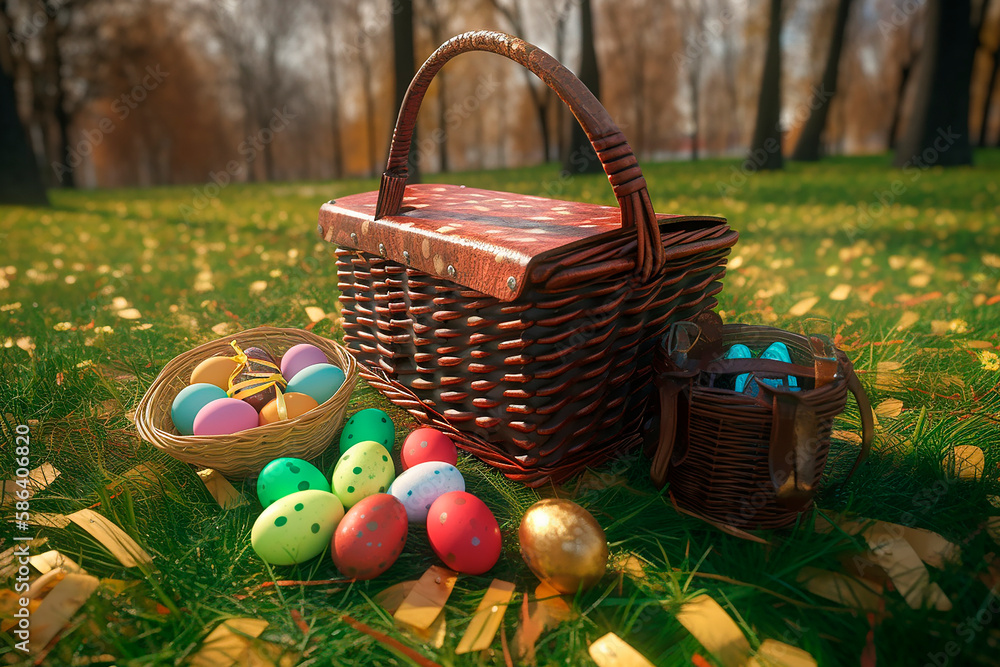 picnic basket with easter eggs, park picnic basket with easter eggs, park
