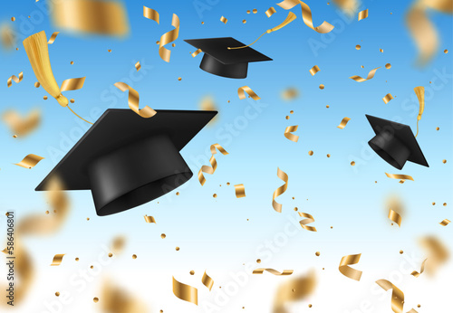 Student graduate caps with golden confetti. College, academy and school education vector background. Graduation celebration, congratulation or invitation card backdrop with falling caps and confetti