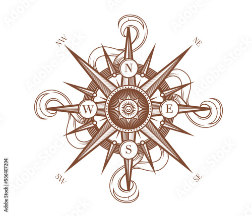 Vintage wind rose compass with Medieval antique ribbons, vector maritime nautical navigation star. Vintage old wind rose compass with north and south arrows, sailing adventure and marine cartography