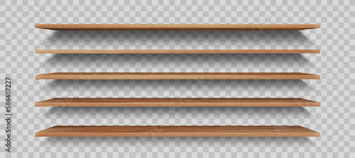 Wooden store shelf or empty wall bookshelf, vector wood bar displays, isolated realistic vector. Bookshelf mock up on transparent background, wall or cabinet racks, exhibition stand or book shelves
