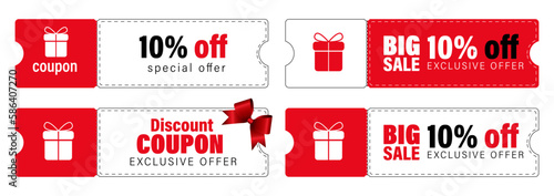 Discount coupon. coupon set, 10% off discount coupon, special offer, big sale, red vector illustration