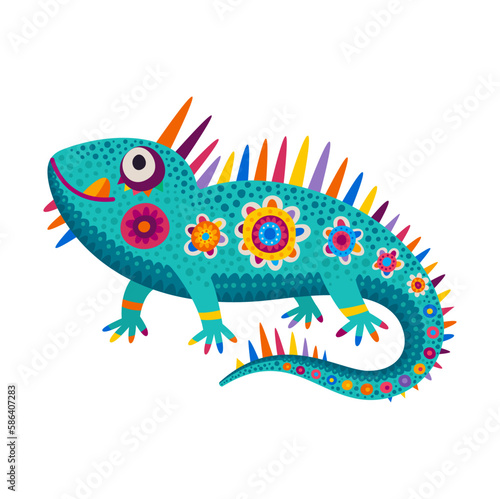 Lizard with floral prints, cartoon mexican iguana in ethnic design. Vector exotic salamander, tribal chameleon with colorful flowers