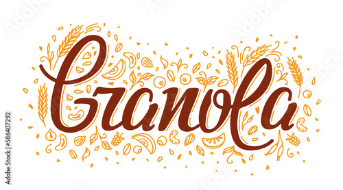 Granola. Cereal food, healthy nutrition product label. Vegetarian food farm, muesli and oatmeal granola snack breakfast background with outline nuts, hand drawn dried fruits and line cereal ears