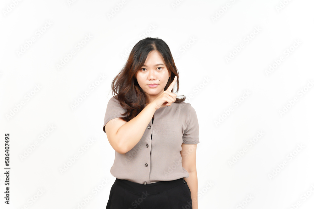 Showing Product and Pointing Side using forefinger Of Beautiful Asian Woman Isolated On White Showing Product and Pointing Side using forefinger Of Beautiful Asian Woman Isolated On White