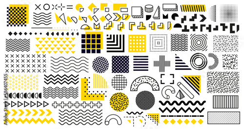 Memphis geometric shapes, abstract modern patterns in line art, vector backgrounds. Memphis geometric elements of circle, triangle and rectangular square shapes with dot and line patterns