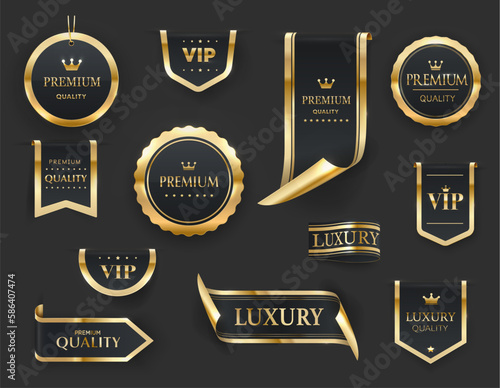 Golden luxury labels and banners, gold premium quality certificate ribbons, vector badges. Luxury VIP and premium quality sticker tags and banners for best product seals and banners with golden crown