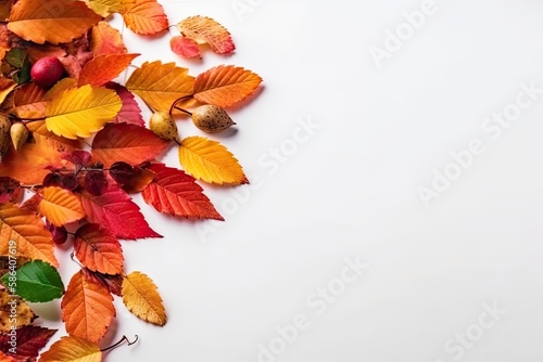 pile of autumn leaves on a wooden table. Generative AI