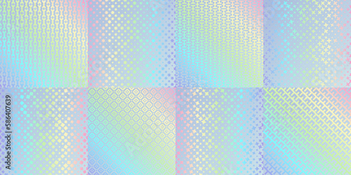 Hologram texture patterns, glitter foil rainbow gradient. Vector iridescent seamless backgrounds, wrapping paper with metal glittering geometricornament, flowers and stars, decorative backdrop set