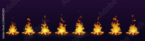 Bonfire animation, fire flame cartoon animated sprite, vector burning wood. Campfire burn or bonfire animated sprite for game, fire torch light, fireplace hearth or firewood and woodfire flames