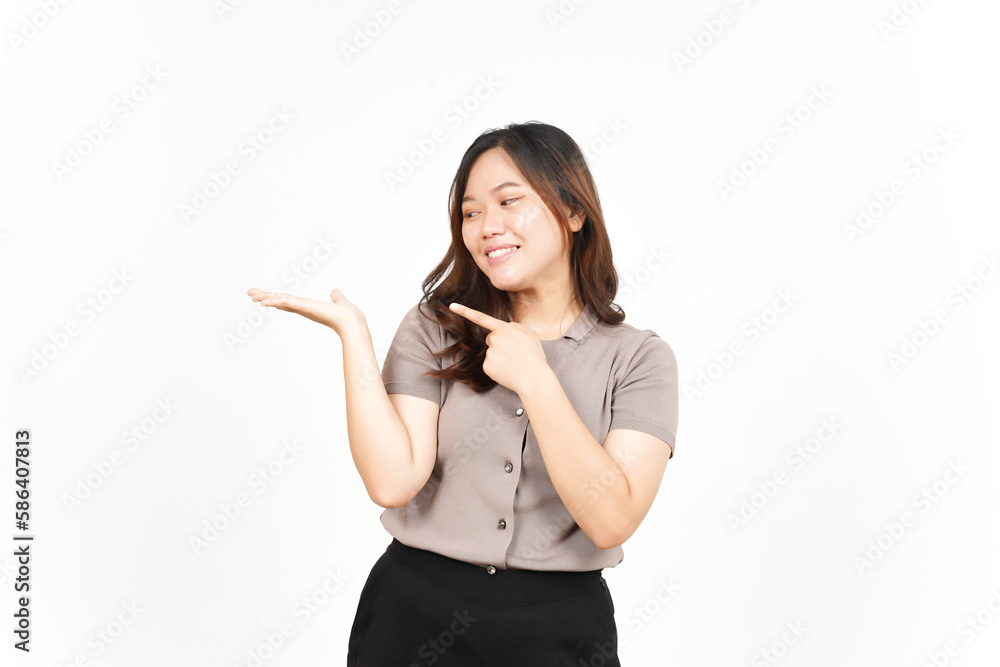 Showing and Presenting Product on Open Palm Of Beautiful Asian Woman Isolated On White Background Showing and Presenting Product on Open Palm Of Beautiful Asian Woman Isolated On White Background