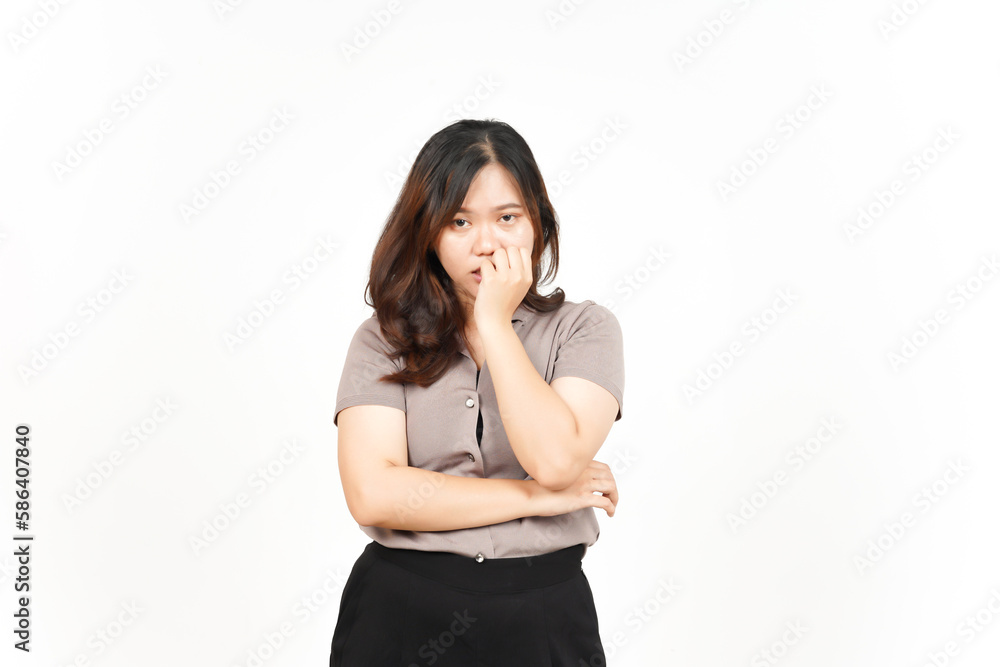 Afraid, nervous and bite nails Of Beautiful Asian Woman Isolated On White Background Afraid, nervous and bite nails Of Beautiful Asian Woman Isolated On White Background