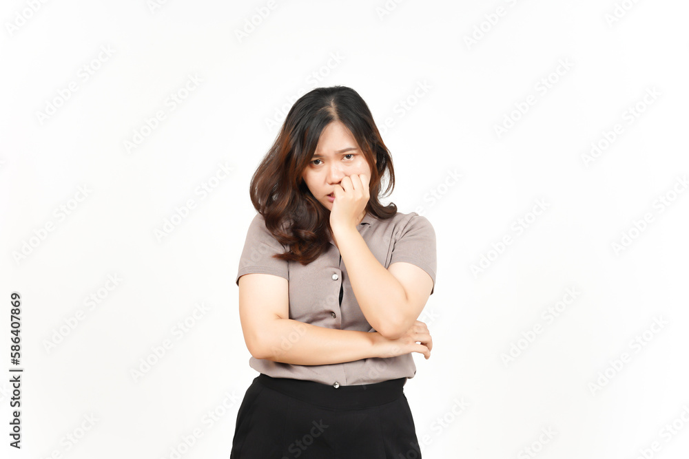Afraid, nervous and bite nails Of Beautiful Asian Woman Isolated On White Background Afraid, nervous and bite nails Of Beautiful Asian Woman Isolated On White Background