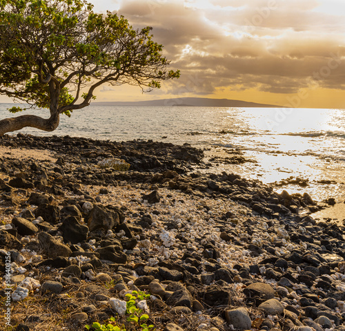 The Rocky Shoreline of Wailea Beach With Kahoolawe Island on The Horizon , Wailea, Maui, Hawaii, USA photo