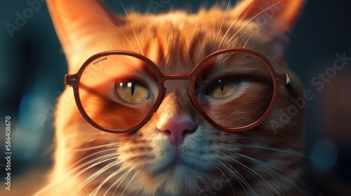 Closeup portrait of funny ginger cat wearing sunglasses. Created with generative AI.