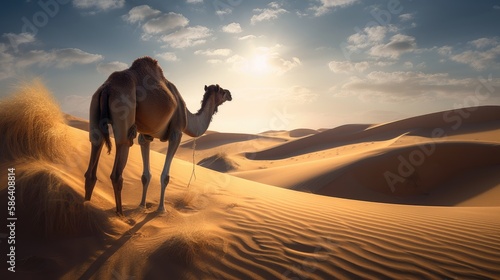 camel on a sand dune in the desert at sunset. Created with generative AI. © lchumpitaz