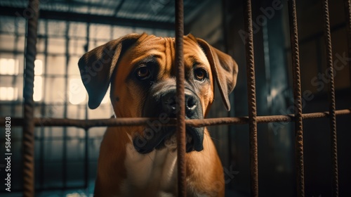 sad animal shelter dog behind bars in a cage. Created with Generative AI.