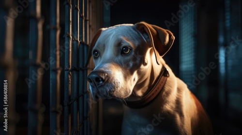 sad animal shelter dog behind bars in a cage. Created with Generative AI. © lchumpitaz