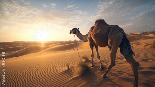 camel on a sand dune in the desert at sunset. Created with generative AI.