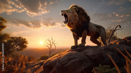 Lion at sunset.  Created with generative AI.  
