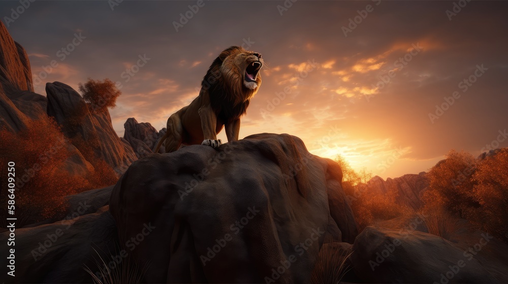 Lion at sunset.  Created with generative AI.	
 - obrazy, fototapety, plakaty 