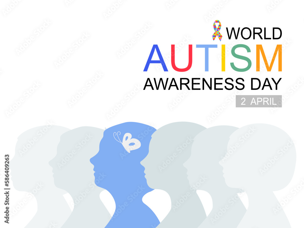 Silhouette of different child with butterfly and autism ribbon in flat vector,  autism awareness day concept.