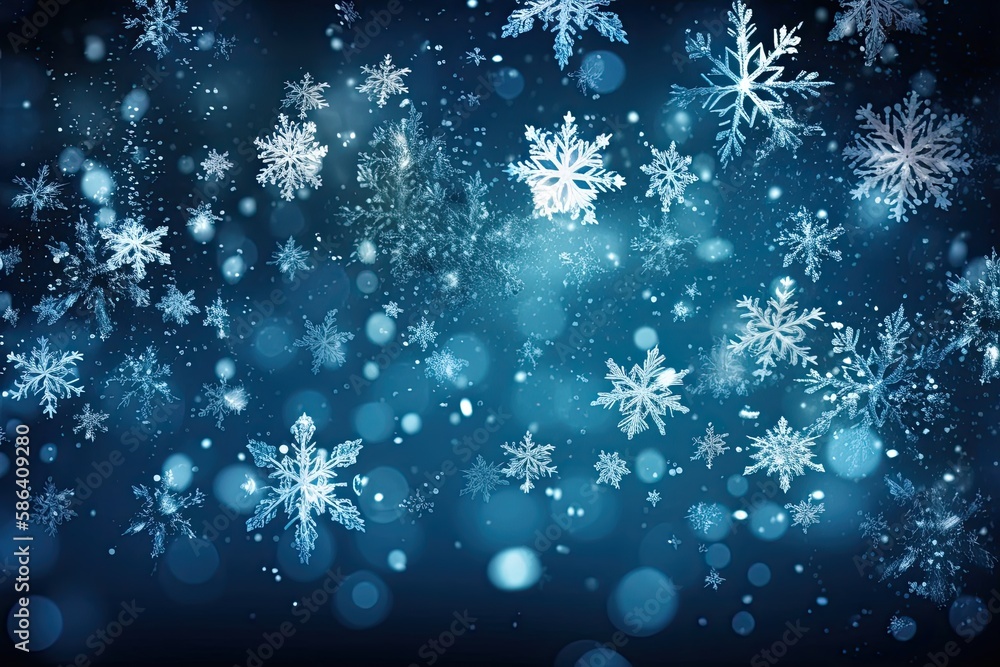 winter wonderland with falling snowflakes on a blue background. Generative AI winter wonderland with falling snowflakes on a blue background. Generative AI
