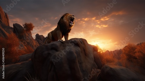 Lion at sunset. Created with generative AI. 