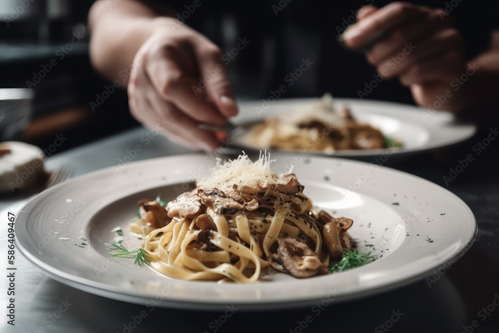 The finest detail of two hands wearing white grove to holding fettuccine mushroom. Ai generated. The finest detail of two hands wearing white grove to holding fettuccine mushroom. Ai generated.