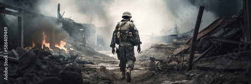 Special Forces Military soldier walking through destruction and battlefield warzone aftermath as wide banner with copyspace area for world war conflict concepts, generative AI photo