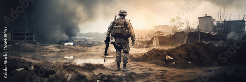 Special Forces Military soldier walking through destruction and battlefield warzone aftermath as wide banner with copyspace area for world war conflict concepts, generative AI