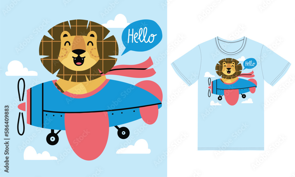 Cute lion on a plane illustration with tshirt design premium vector Cute lion on a plane illustration with tshirt design premium vector
