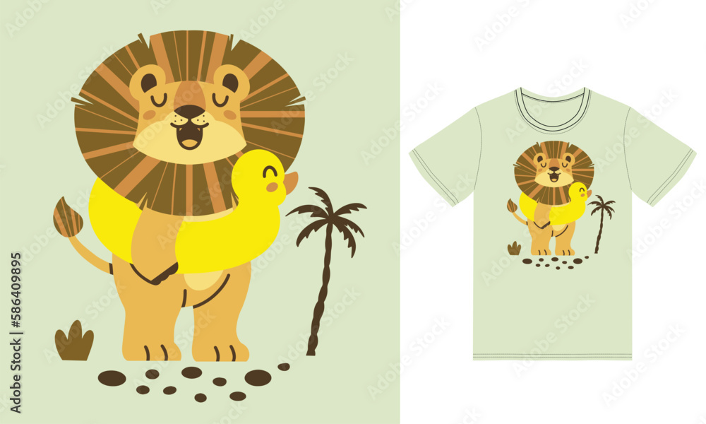 Cute summer lion illustration with tshirt design premium vector Cute summer lion illustration with tshirt design premium vector