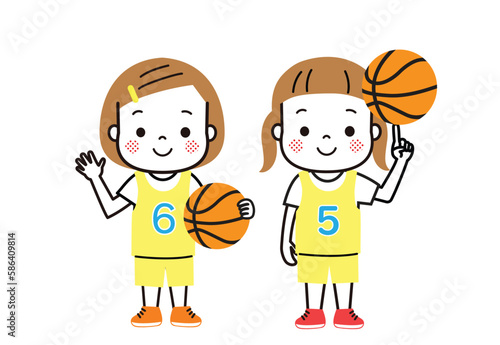 バスケット選手の女の子　笑顔で手をふる二人の女の子