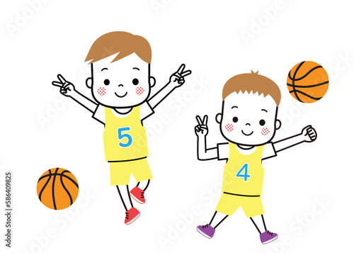 バスケ　ジャンプしてピースしているふたりの男子バスケの選手